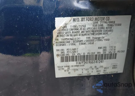 2006 Ford Five Hundred Sel from USA, damaged, VIN 1FAFP24196G141241